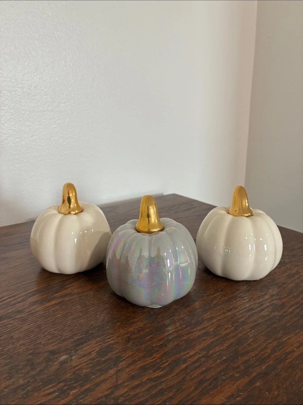 NWT- Set of 3- White & Gray Pearl Iridescent- Ceramic Pumpkins with Gold Stems
